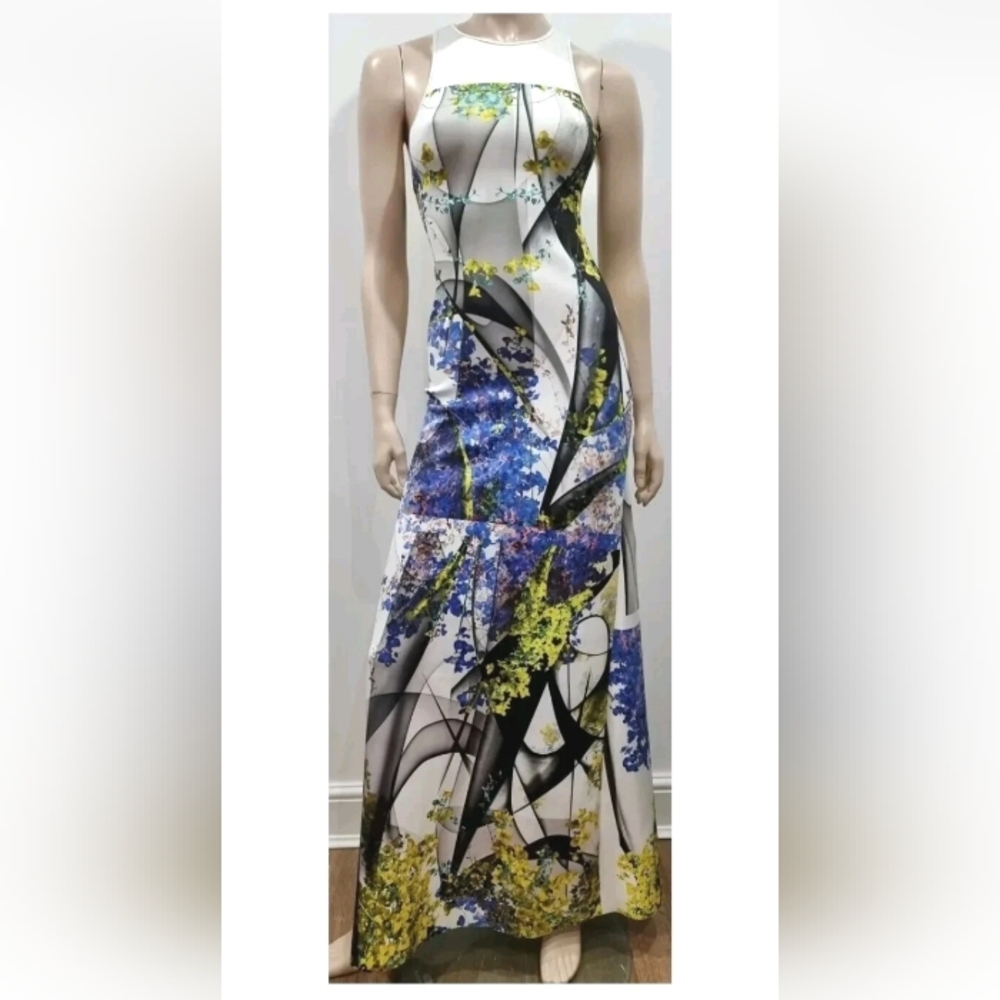 CLOVER CANYON Neoprene Scuba Blue Black White Print Racerback Maxi Long Dress M
